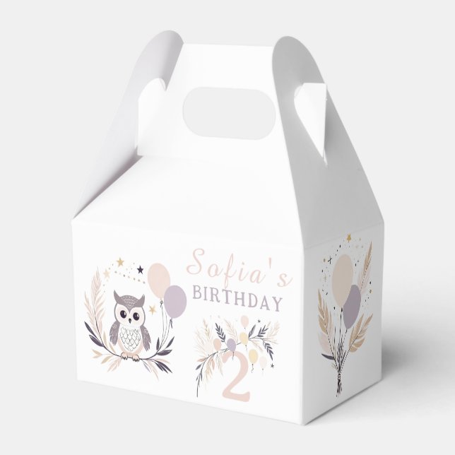 Pastel Boho Owl and Balloons Birthday Favour Box (Front Side)
