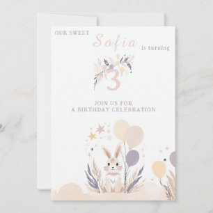 Pastel Boho Rabbit and Balloons Birthday Invitation