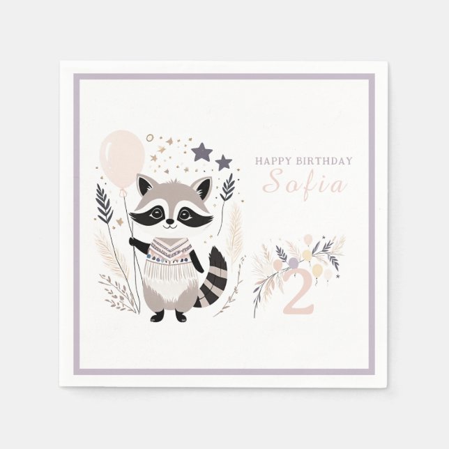 Pastel Boho Racoon and Balloons Birthday Napkin (Front)
