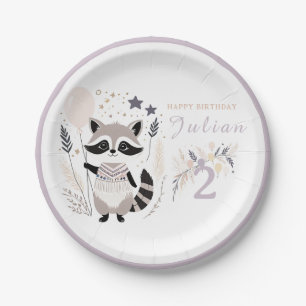 Pastel Boho Racoon and Balloons Birthday Paper Plate