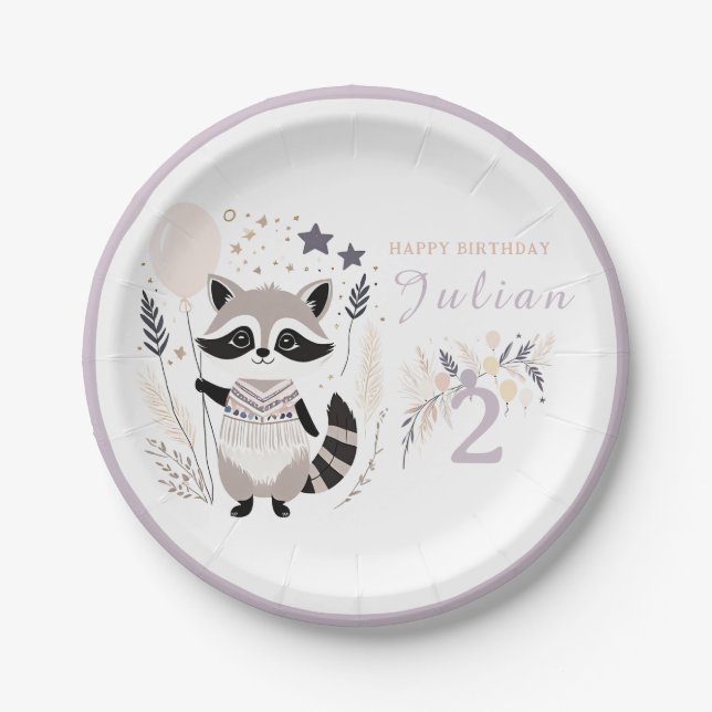 Pastel Boho Racoon and Balloons Birthday Paper Plate (Front)