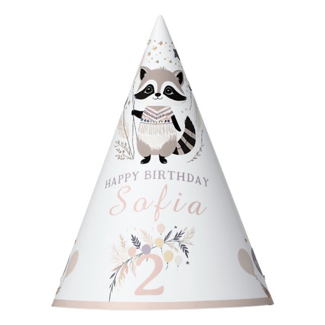 Pastel Boho Racoon and Balloons Birthday Party Hat (Front)