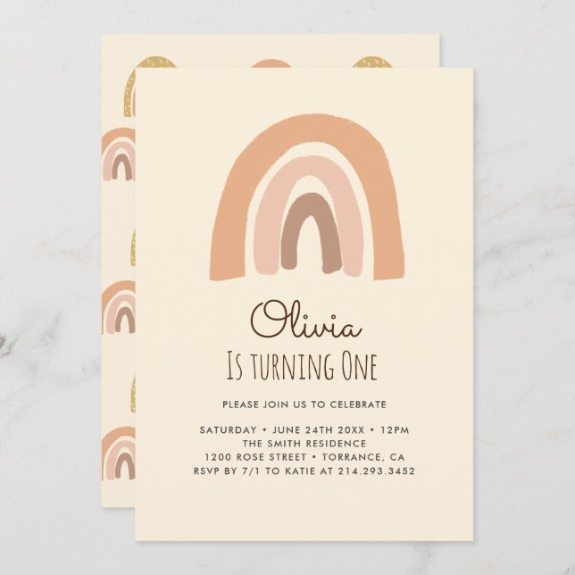 Pastel Boho Rainbow 1st Birthday Invitation Cards (Front/Back)