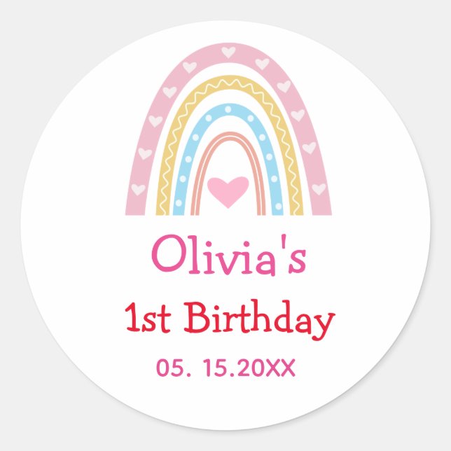Pastel Boho Rainbow with hearts  birthday party  Classic Round Sticker (Front)