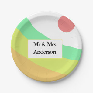 pastel boho red yellow greenadd your initials text paper plate