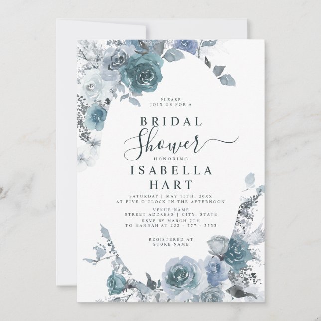 Pastel Boho Slate Blue Dusty Floral Bridal Shower  Invitation (Front)