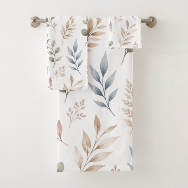 Pastel Boho Watercolor Botanical Foliage Bath Towel Set (Insitu)