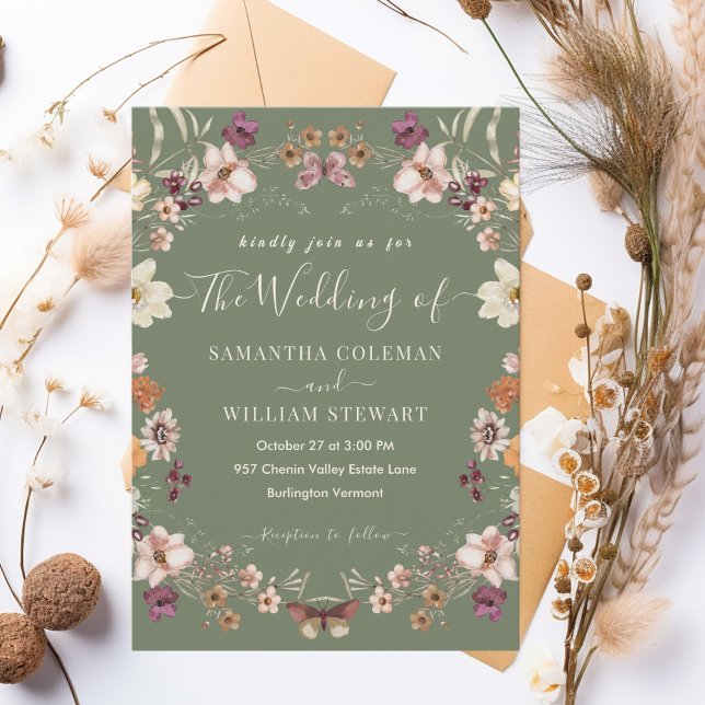 Pastel Boho Wildflower Rustic Sage Green Wedding Invitation (Creator Uploaded)