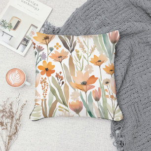 Pastel Boho Wildflower Watercolor Floral Spring Cushion