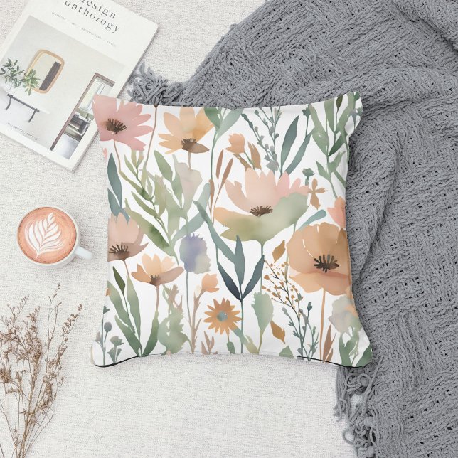 Pastel Boho Wildflower Watercolor Floral Spring  Cushion (Creator Uploaded)