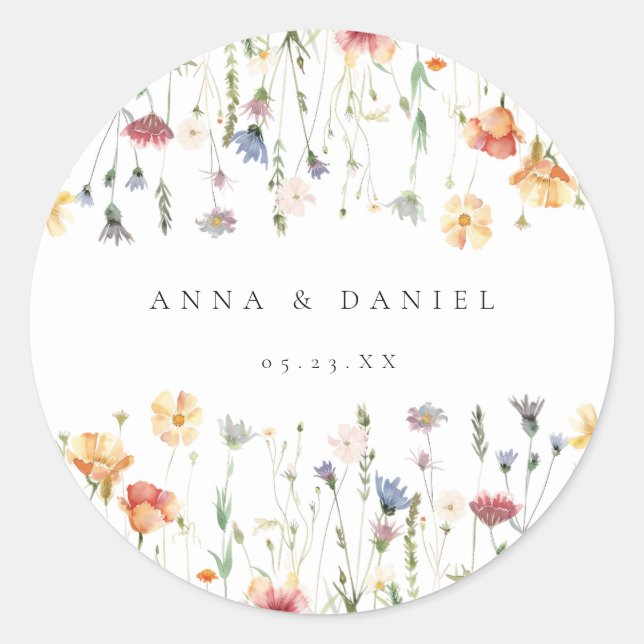 Pastel Boho Wildflower Wedding Classic Round Sticker (Front)
