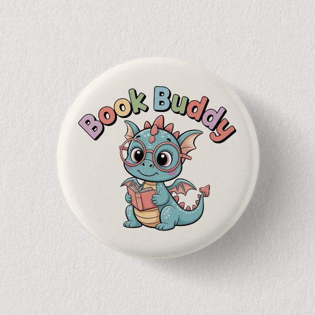 Pastel Book Buddy Reading Dragon Magnet 3 Cm Round Badge (Front)