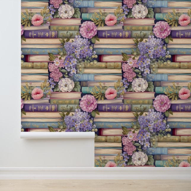 Pastel Books and Flowers Pattern Removable Wallpaper (Application)