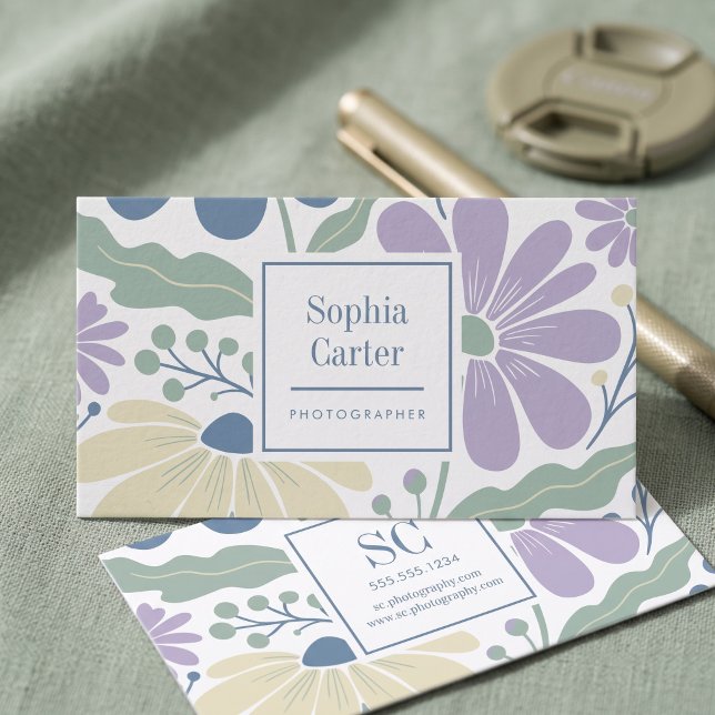 Pastel Botanical Floral Frame Business Card (Simulated business cards on table)