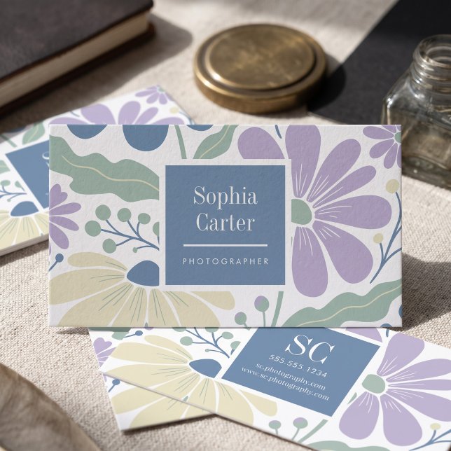 Pastel Botanical Floral Frame Business Card (Simulated business cards on table)