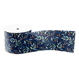 Pastel Botanical Leafs Pattern On Dark Blue Grosgrain Ribbon