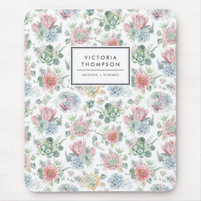 Pastel Botanical Watercolor Succulents Pattern Mouse Pad (Front)