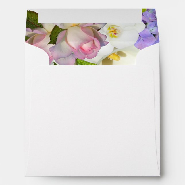 Pastel Bouquet Spring Floral Gold and Pink Wedding Envelope (Back (Bottom))