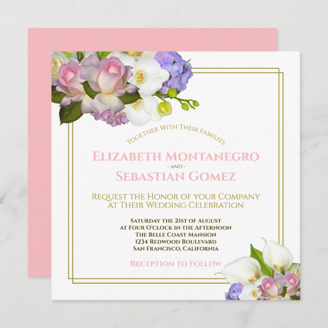 Pastel Bouquet Spring Floral Square Wedding Invitation (Front/Back)