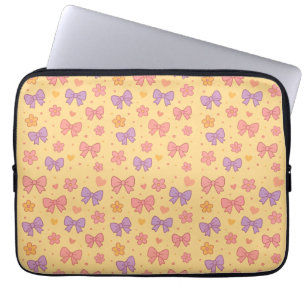 Pastel Bows & Flowers Pattern – Cute Yellow Girly Laptop Sleeve