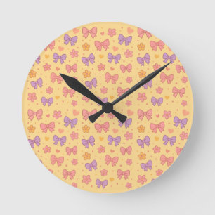 Pastel Bows & Flowers Pattern – Cute Yellow Girly  Round Clock