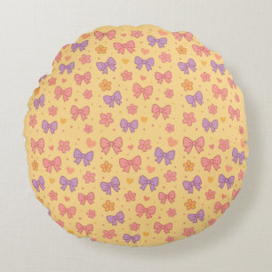 Pastel Bows & Flowers Pattern – Cute Yellow Girly  Round Cushion
