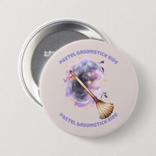 Pastel Broomstick Ride – Whimsical Witch Broom 7.5 Cm Round Badge