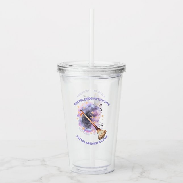 Pastel Broomstick Ride – Whimsical Witch Broom Acrylic Tumbler (Front)