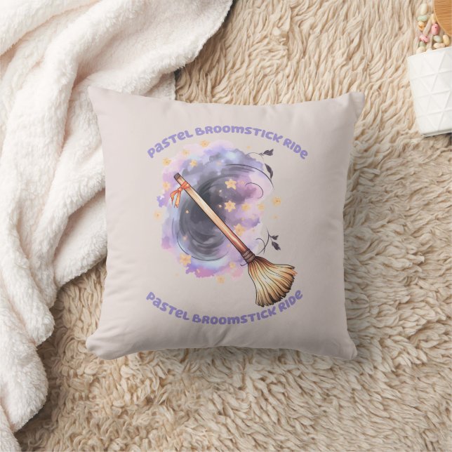 Pastel Broomstick Ride – Whimsical Witch Broom Cushion (Blanket)