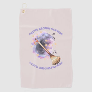 Pastel Broomstick Ride – Whimsical Witch Broom Golf Towel