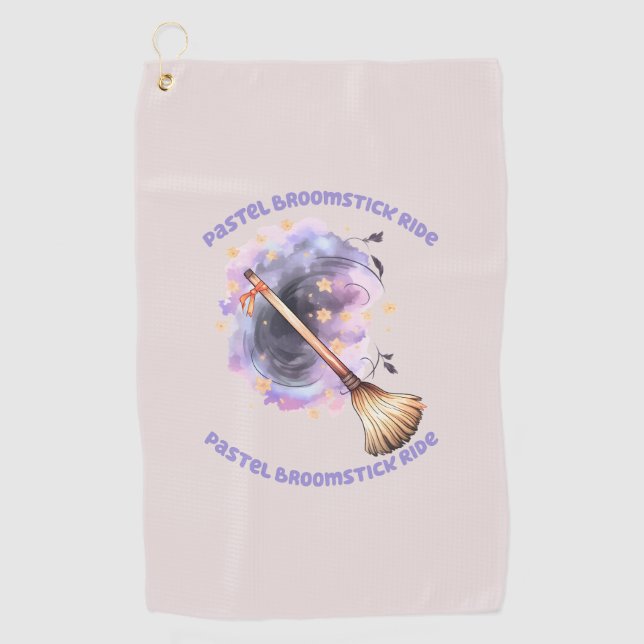 Pastel Broomstick Ride – Whimsical Witch Broom Golf Towel (Front)