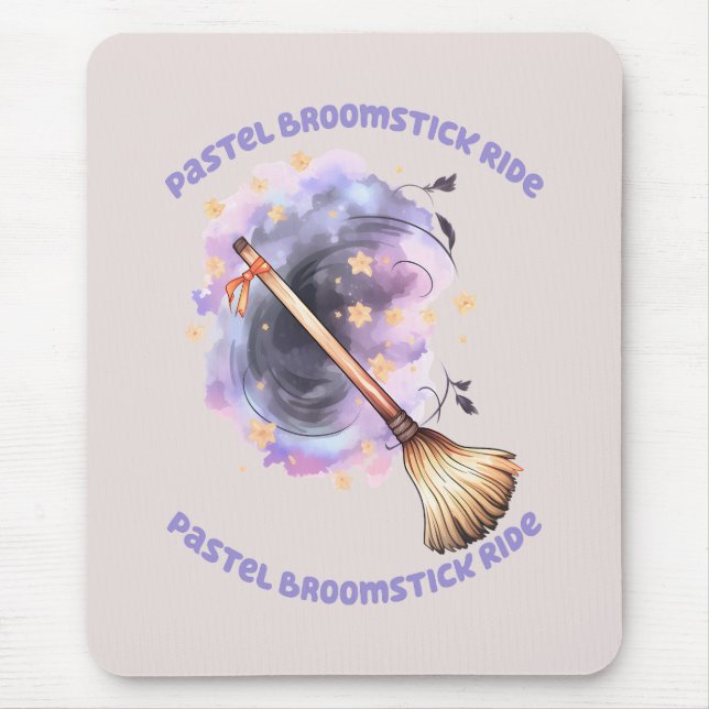 Pastel Broomstick Ride – Whimsical Witch Broom Mouse Pad (Front)