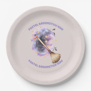 Pastel Broomstick Ride – Whimsical Witch Broom Paper Plate