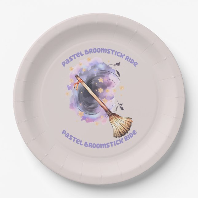Pastel Broomstick Ride – Whimsical Witch Broom Paper Plate (Front)