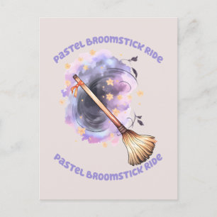 Pastel Broomstick Ride – Whimsical Witch Broom Postcard
