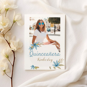 Pastel brown blue flower Photo Quinceañera Party Invitation