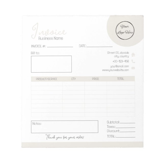 Pastel brown with logo feminine business invoice notepad (Front)