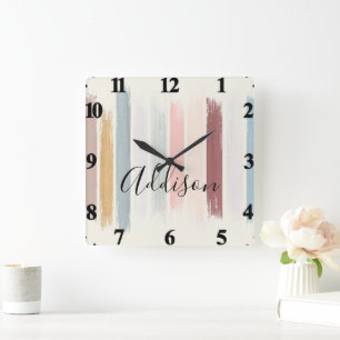 Pastel brush strokes personalised square wall clock