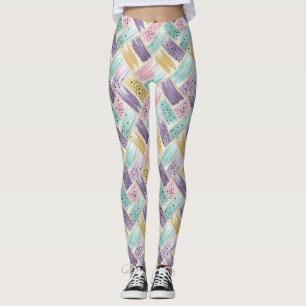 Pastel Brushstroke & Gold Crisscross Abstract Leggings