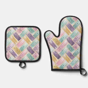Pastel Brushstroke & Gold Crisscross Abstract Oven Mitt & Pot Holder Set