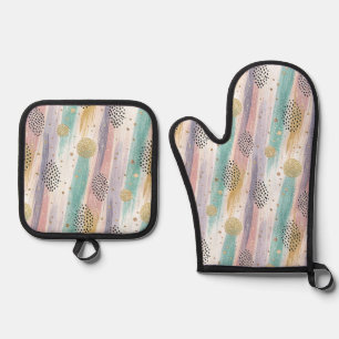 Pastel Brushstroke & Gold Geometric Abstract Oven Mitt & Pot Holder Set