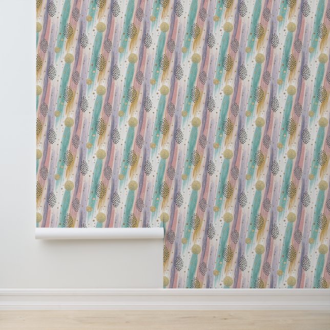 Pastel Brushstroke & Gold Geometric Abstract Wallpaper (Application)
