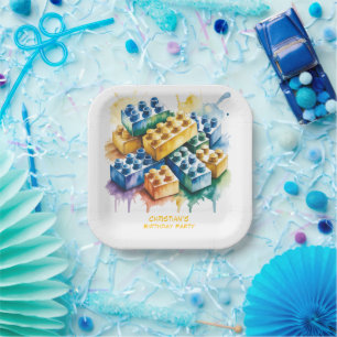 Pastel Building Block Splash Boy Birthday Party Paper Plate