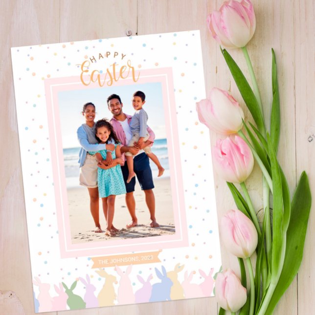 Pastel Bunny Border Happy Easter Family Photo Card (Creator Uploaded)