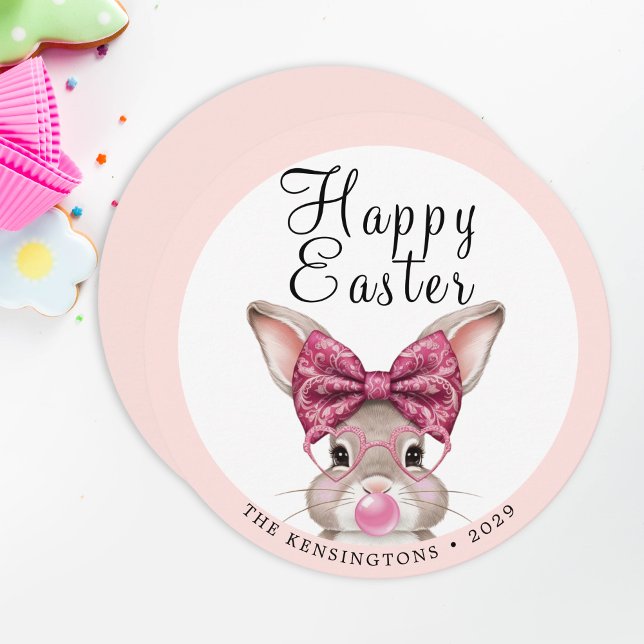 Pastel Bunny Easter with Family Name Pattern Holiday Card (Personalized Easter Rabbit Greeting Cards)