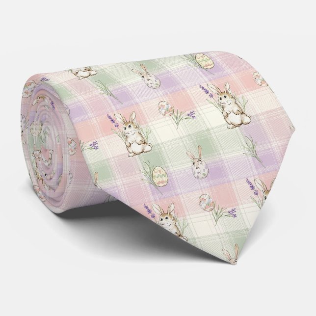 Pastel Bunny Egg Gingham Spring Pattern Tie (Rolled)