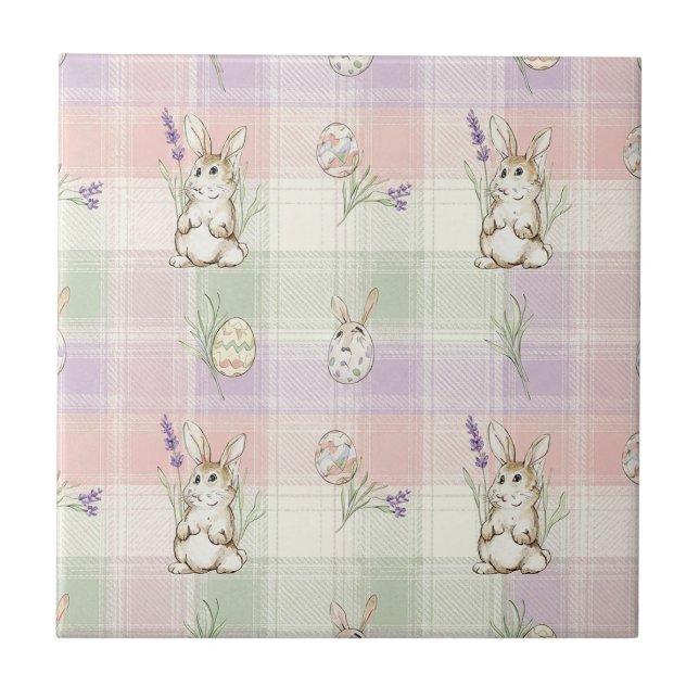 Pastel Bunny Egg Gingham Spring Pattern Tile (Front)