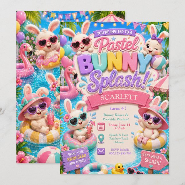 Pastel Bunny Splash Birthday - Pool Party Invitation (Front/Back)