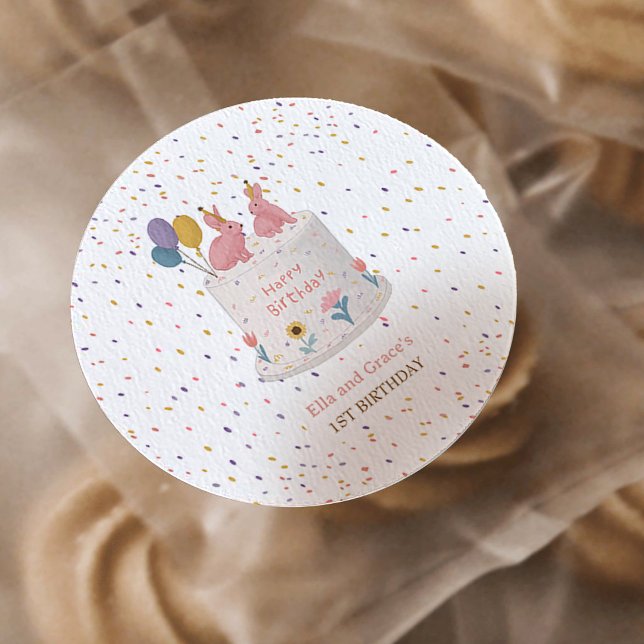 Pastel Bunny Twin Girls 1st Birthday Party Classic Round Sticker (Creator Uploaded)