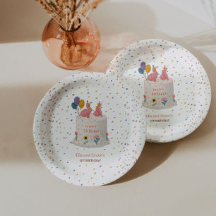 Pastel Bunny Twin Girls 1st Birthday Party Paper Plate